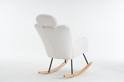 055-Teddy Fabric Upholstered Nursery Rocking Glider Chair Modern Accent Armchair Padded Seat with High Backrest and Pillow for Living Room Bedroom (Ivory)