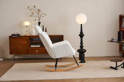 055-Teddy Fabric Upholstered Nursery Rocking Glider Chair Modern Accent Armchair Padded Seat with High Backrest and Pillow for Living Room Bedroom (Ivory)