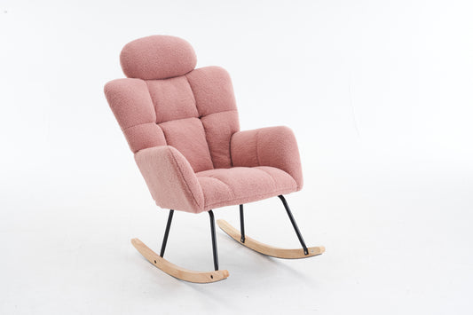 055-Teddy Fabric Upholstered Nursery Rocking Glider Chair Modern Accent Armchair Padded Seat with High Backrest and Pillow for Living Room Bedroom (Pink)