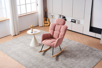 055-Teddy Fabric Upholstered Nursery Rocking Glider Chair Modern Accent Armchair Padded Seat with High Backrest and Pillow for Living Room Bedroom (Pink)