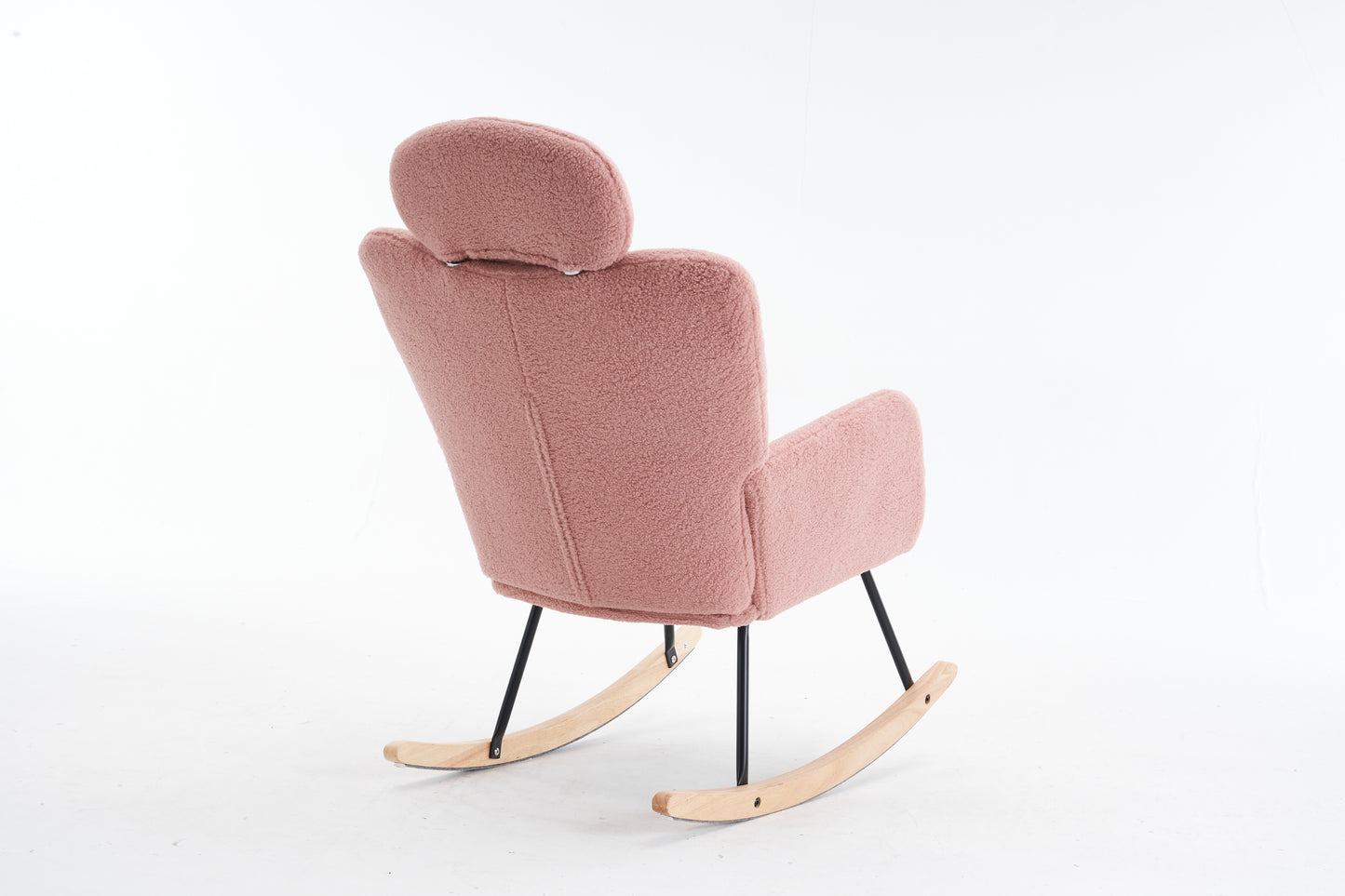 055-Teddy Fabric Upholstered Nursery Rocking Glider Chair Modern Accent Armchair Padded Seat with High Backrest and Pillow for Living Room Bedroom (Pink)