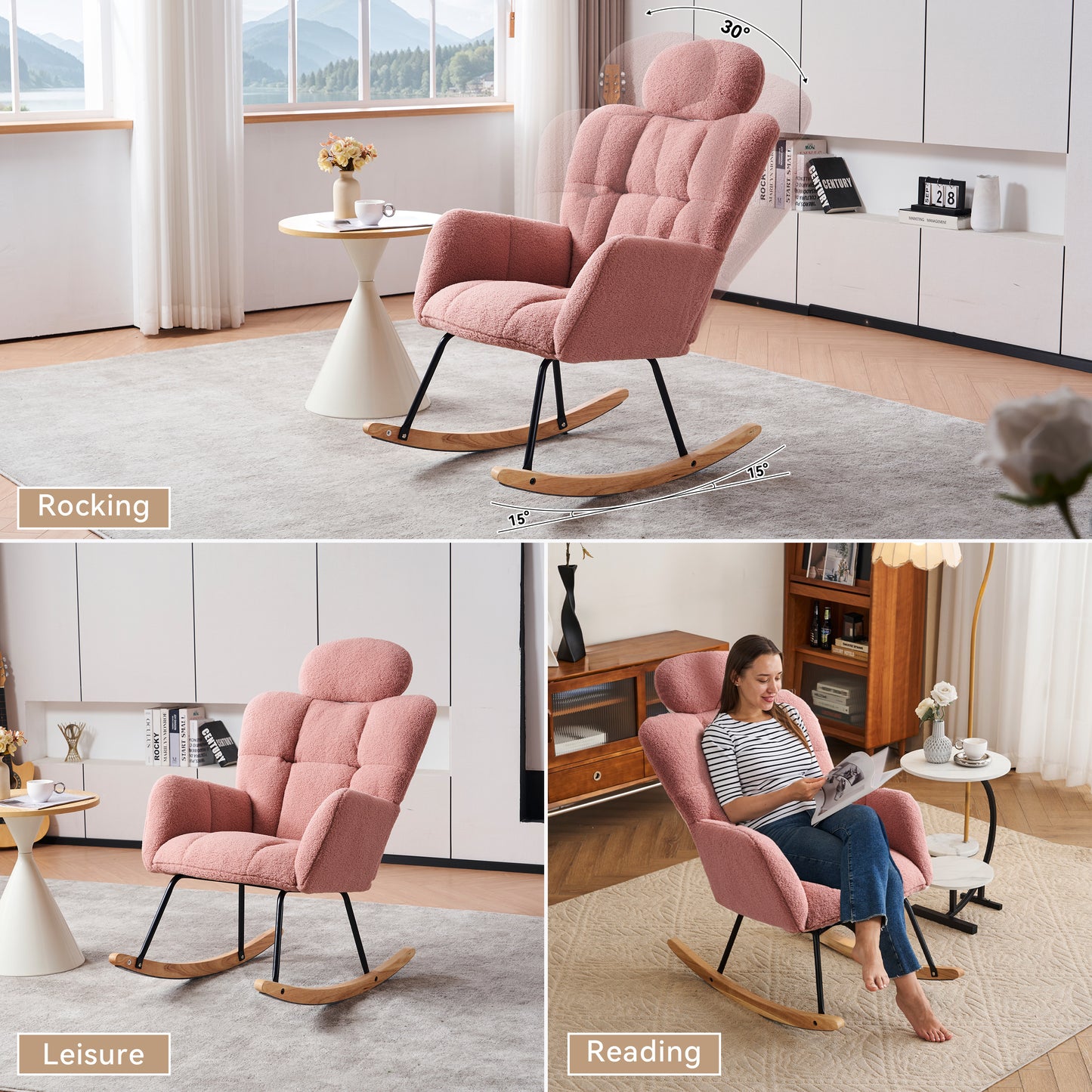 055-Teddy Fabric Upholstered Nursery Rocking Glider Chair Modern Accent Armchair Padded Seat with High Backrest and Pillow for Living Room Bedroom (Pink)