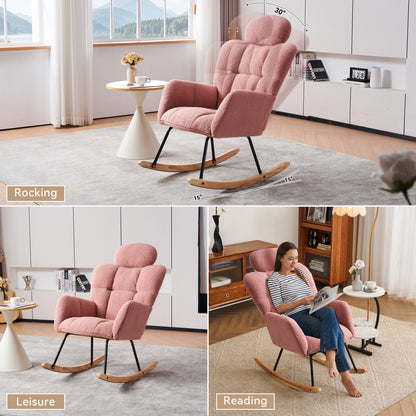 055-Teddy Fabric Upholstered Nursery Rocking Glider Chair Modern Accent Armchair Padded Seat with High Backrest and Pillow for Living Room Bedroom (Pink)