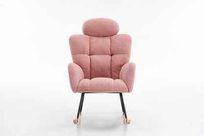 055-Teddy Fabric Upholstered Nursery Rocking Glider Chair Modern Accent Armchair Padded Seat with High Backrest and Pillow for Living Room Bedroom (Pink)