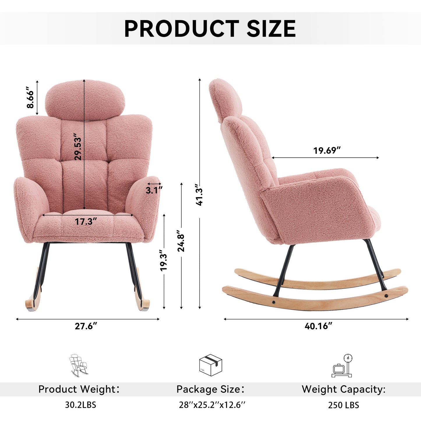055-Teddy Fabric Upholstered Nursery Rocking Glider Chair Modern Accent Armchair Padded Seat with High Backrest and Pillow for Living Room Bedroom (Pink)