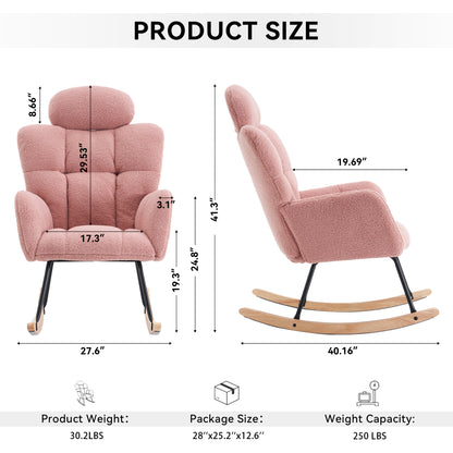 055-Teddy Fabric Upholstered Nursery Rocking Glider Chair Modern Accent Armchair Padded Seat with High Backrest and Pillow for Living Room Bedroom (Pink)