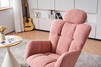 055-Teddy Fabric Upholstered Nursery Rocking Glider Chair Modern Accent Armchair Padded Seat with High Backrest and Pillow for Living Room Bedroom (Pink)