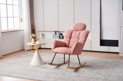 055-Teddy Fabric Upholstered Nursery Rocking Glider Chair Modern Accent Armchair Padded Seat with High Backrest and Pillow for Living Room Bedroom (Pink)