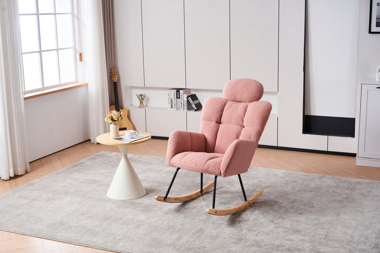 055-Teddy Fabric Upholstered Nursery Rocking Glider Chair Modern Accent Armchair Padded Seat with High Backrest and Pillow for Living Room Bedroom (Pink)