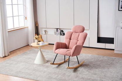 055-Teddy Fabric Upholstered Nursery Rocking Glider Chair Modern Accent Armchair Padded Seat with High Backrest and Pillow for Living Room Bedroom (Pink)