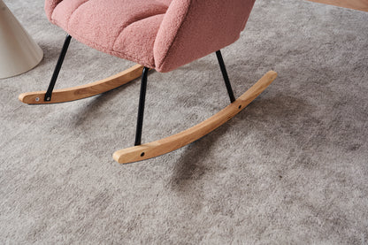 055-Teddy Fabric Upholstered Nursery Rocking Glider Chair Modern Accent Armchair Padded Seat with High Backrest and Pillow for Living Room Bedroom (Pink)