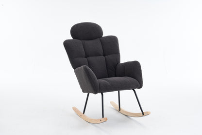 055-Teddy Fabric Upholstered Nursery Rocking Glider Chair Modern Accent Armchair Padded Seat with High Backrest and Pillow for Living Room Bedroom (Dark Gray)