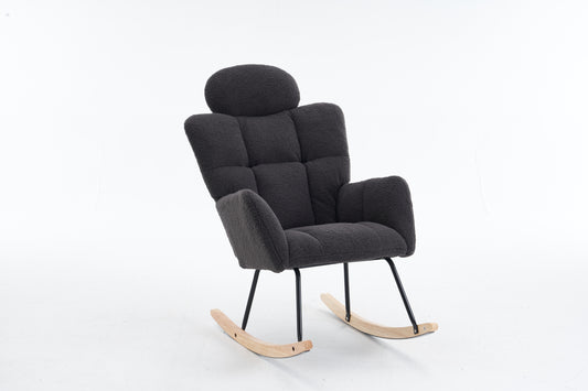 055-Teddy Fabric Upholstered Nursery Rocking Glider Chair Modern Accent Armchair Padded Seat with High Backrest and Pillow for Living Room Bedroom (Dark Gray)