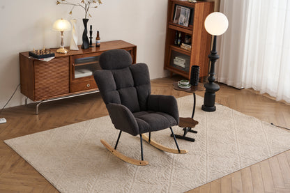 055-Teddy Fabric Upholstered Nursery Rocking Glider Chair Modern Accent Armchair Padded Seat with High Backrest and Pillow for Living Room Bedroom (Dark Gray)