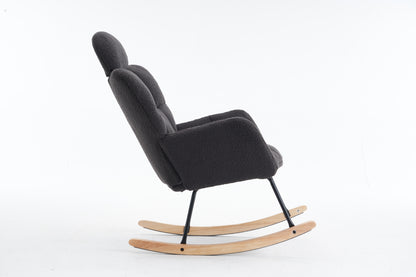 055-Teddy Fabric Upholstered Nursery Rocking Glider Chair Modern Accent Armchair Padded Seat with High Backrest and Pillow for Living Room Bedroom (Dark Gray)