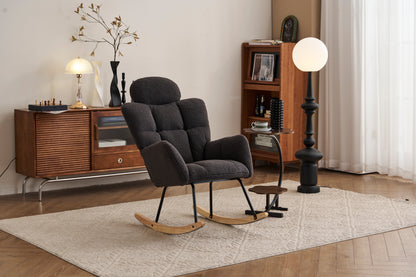 055-Teddy Fabric Upholstered Nursery Rocking Glider Chair Modern Accent Armchair Padded Seat with High Backrest and Pillow for Living Room Bedroom (Dark Gray)