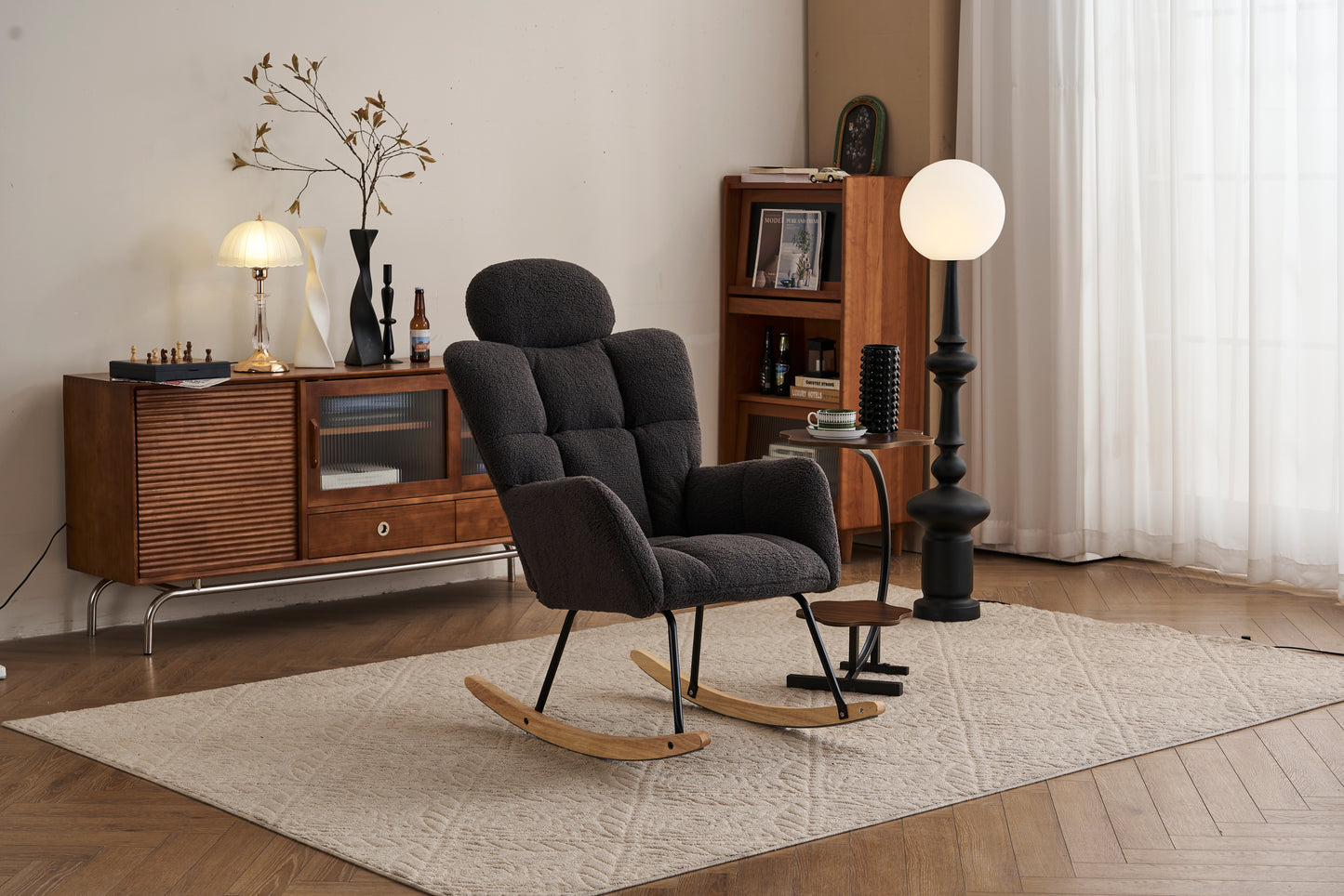 055-Teddy Fabric Upholstered Nursery Rocking Glider Chair Modern Accent Armchair Padded Seat with High Backrest and Pillow for Living Room Bedroom (Dark Gray)