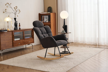 055-Teddy Fabric Upholstered Nursery Rocking Glider Chair Modern Accent Armchair Padded Seat with High Backrest and Pillow for Living Room Bedroom (Dark Gray)