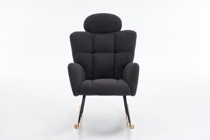 055-Teddy Fabric Upholstered Nursery Rocking Glider Chair Modern Accent Armchair Padded Seat with High Backrest and Pillow for Living Room Bedroom (Dark Gray)