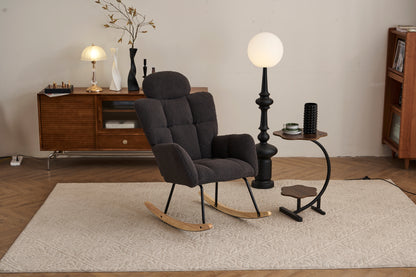 055-Teddy Fabric Upholstered Nursery Rocking Glider Chair Modern Accent Armchair Padded Seat with High Backrest and Pillow for Living Room Bedroom (Dark Gray)