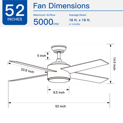52" Integrated LED Light Matte Black Blade Ceiling Fan with Remote Control with 4 blades