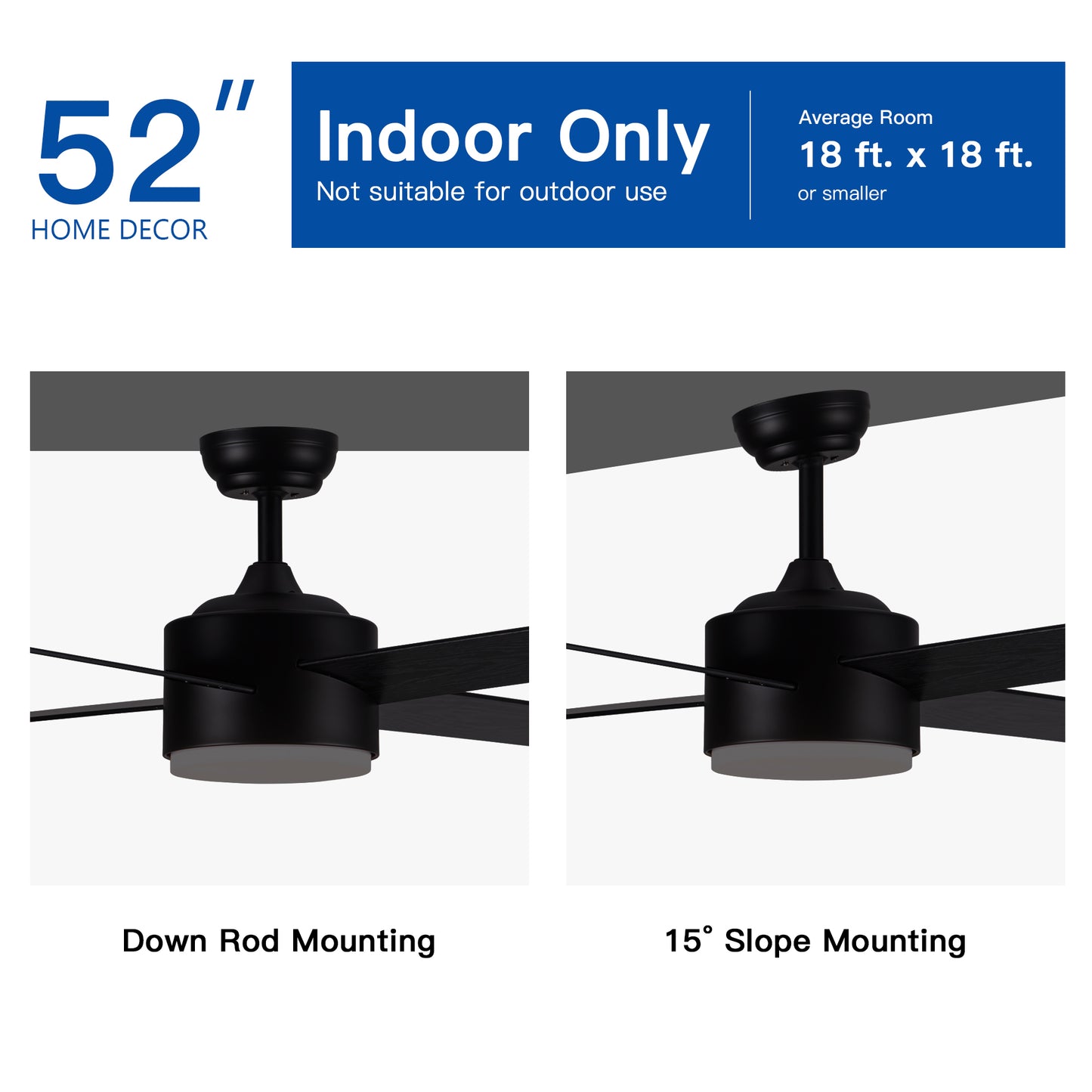 52" Integrated LED Light Matte Black Blade Ceiling Fan with Remote Control with 4 blades