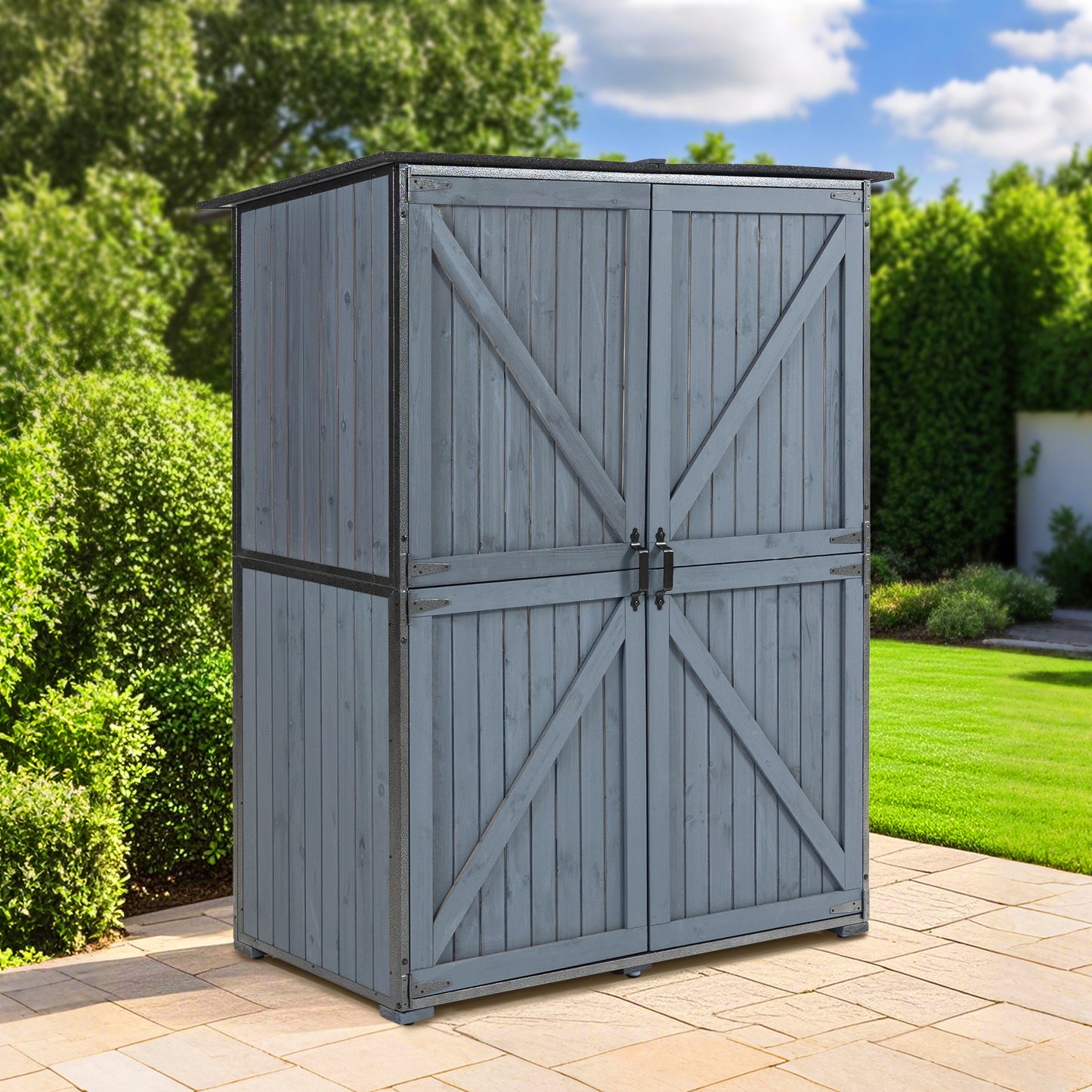 Outdoor Storage Cabinet 55.1"L X 29.1"W X 68.9"H, Garden Shed Tool Shed with Metal Frame Structure for Backyard Garden Patio Lawn (Blue Gray)