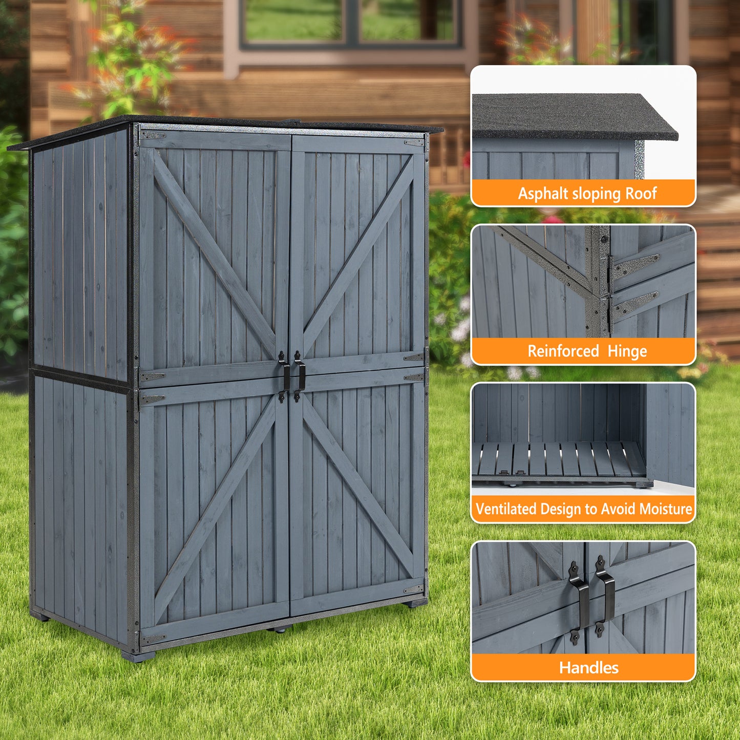 Outdoor Storage Cabinet 55.1"L X 29.1"W X 68.9"H, Garden Shed Tool Shed with Metal Frame Structure for Backyard Garden Patio Lawn (Blue Gray)