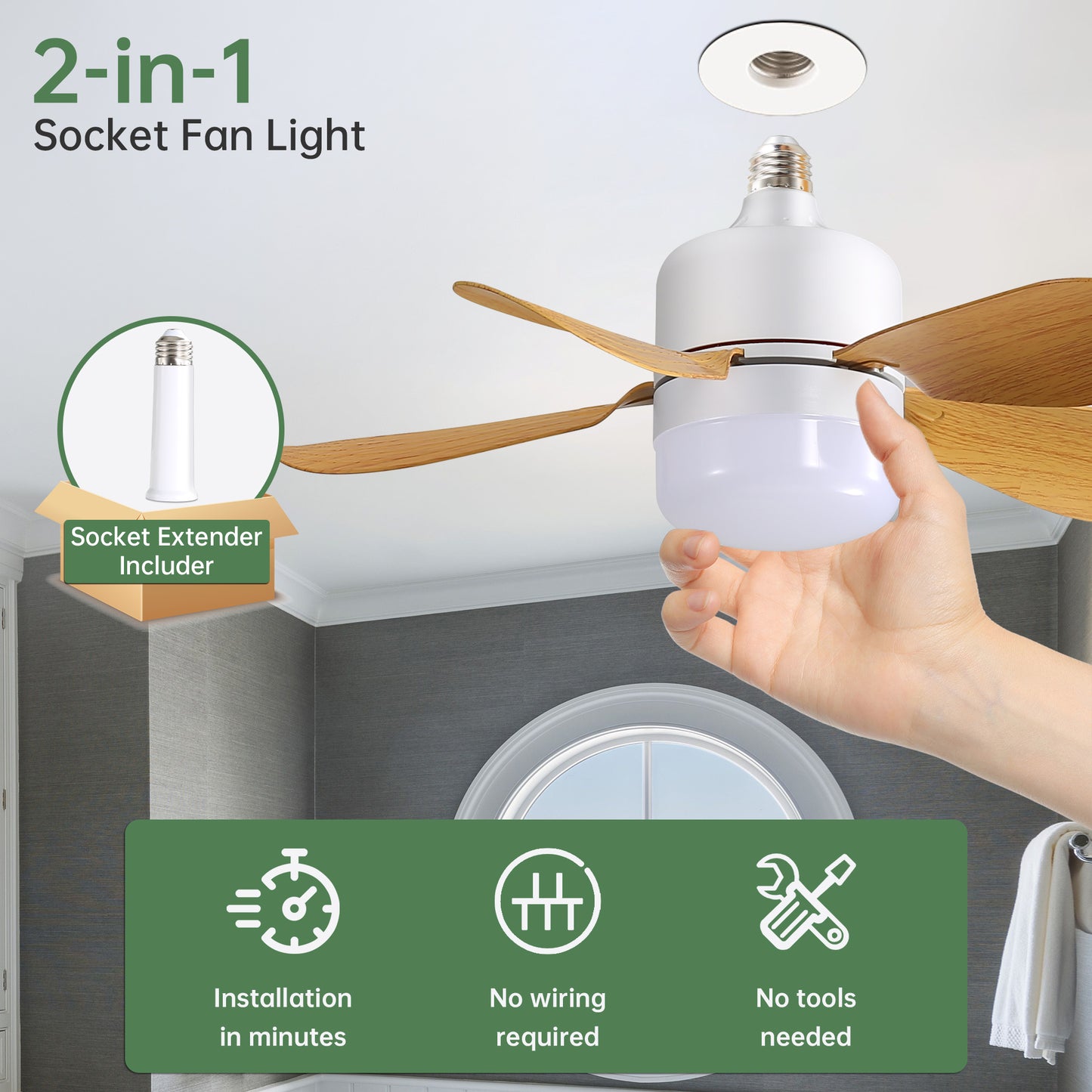 16 Inch Socket Ceiling Fans with Dimmable LED Light 2 in 1 Screw Small Ceiling Fan