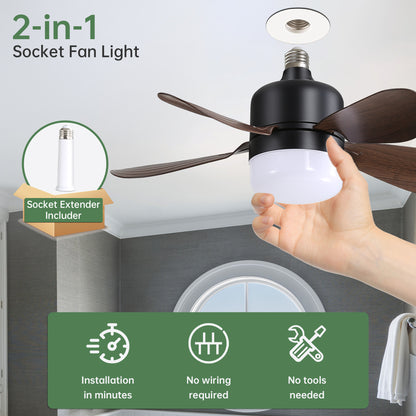 16 Inch Socket Fan Light Ceiling Fans with 3 Lighting Color and Remote E26 Screw in Ceiling Fan