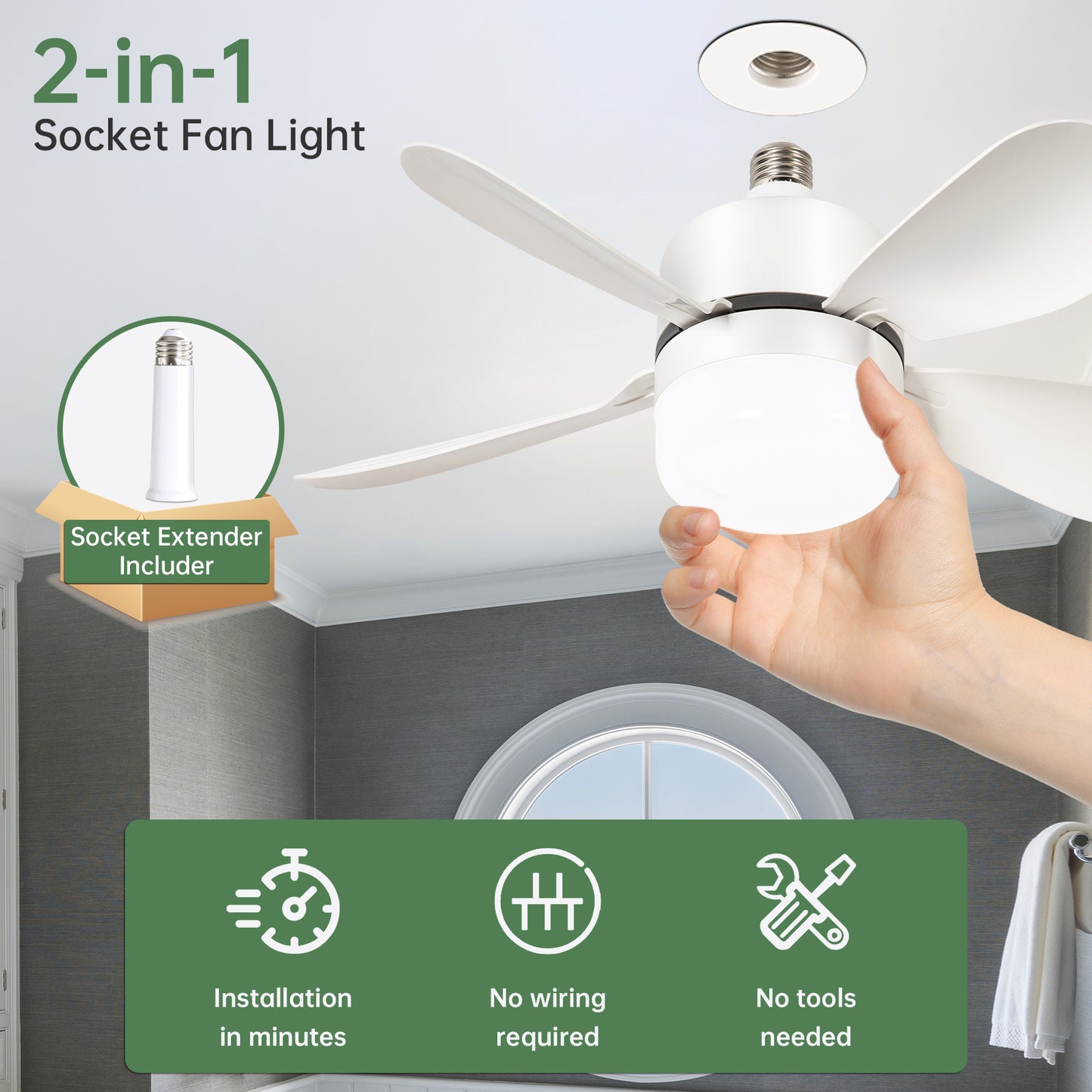 16 Inch Socket Fan Light Ceiling Fans with Remote Screw in Ceiling Fan DC Motor Noiseless 3 Wind Speed