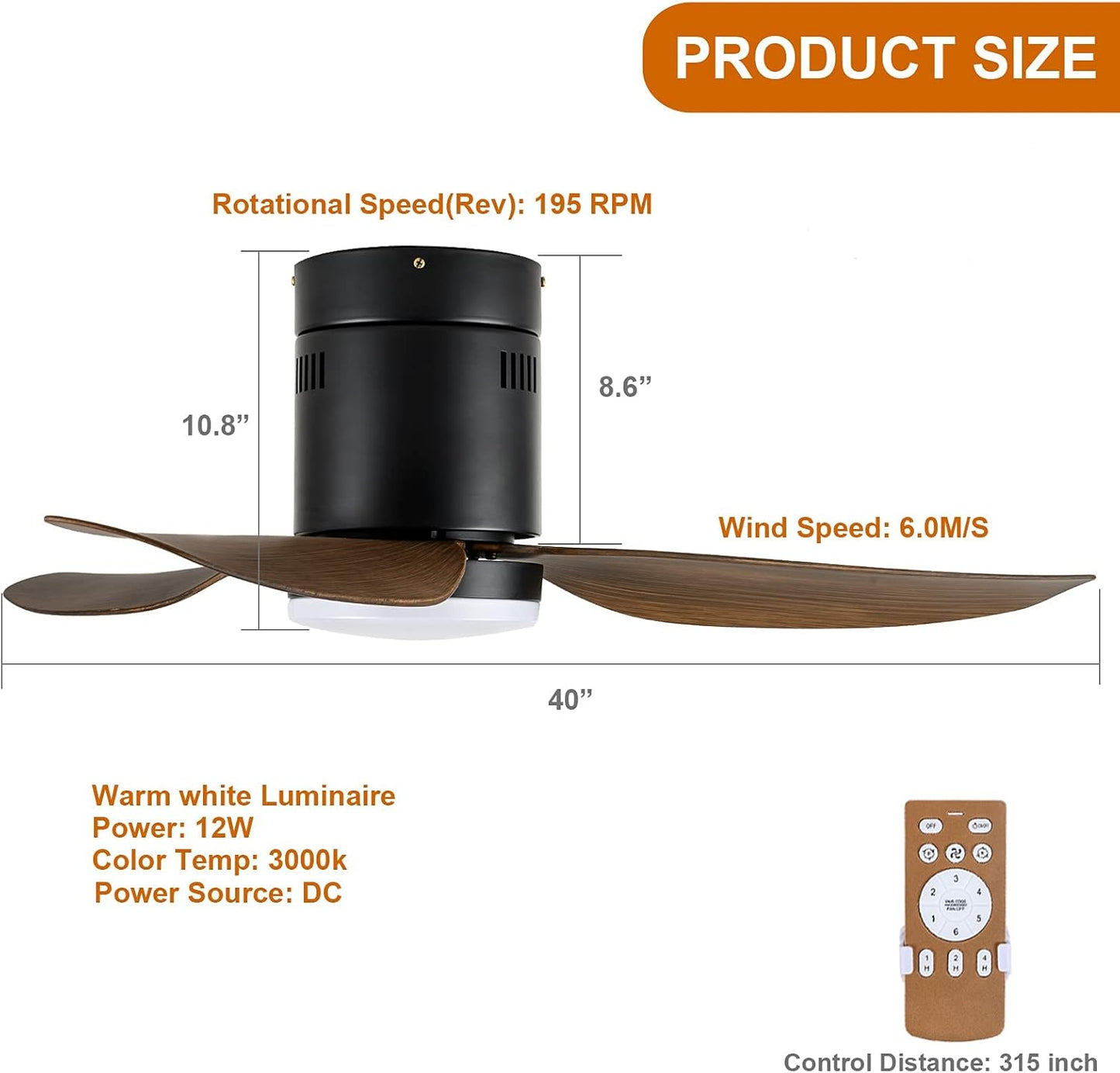 40-inch Ceiling Fan with LED Light and Remote Control, 6-Speed Modes, 2 Rotating Modes, Timer