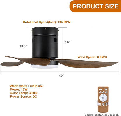 40-inch Ceiling Fan with LED Light and Remote Control, 6-Speed Modes, 2 Rotating Modes, Timer