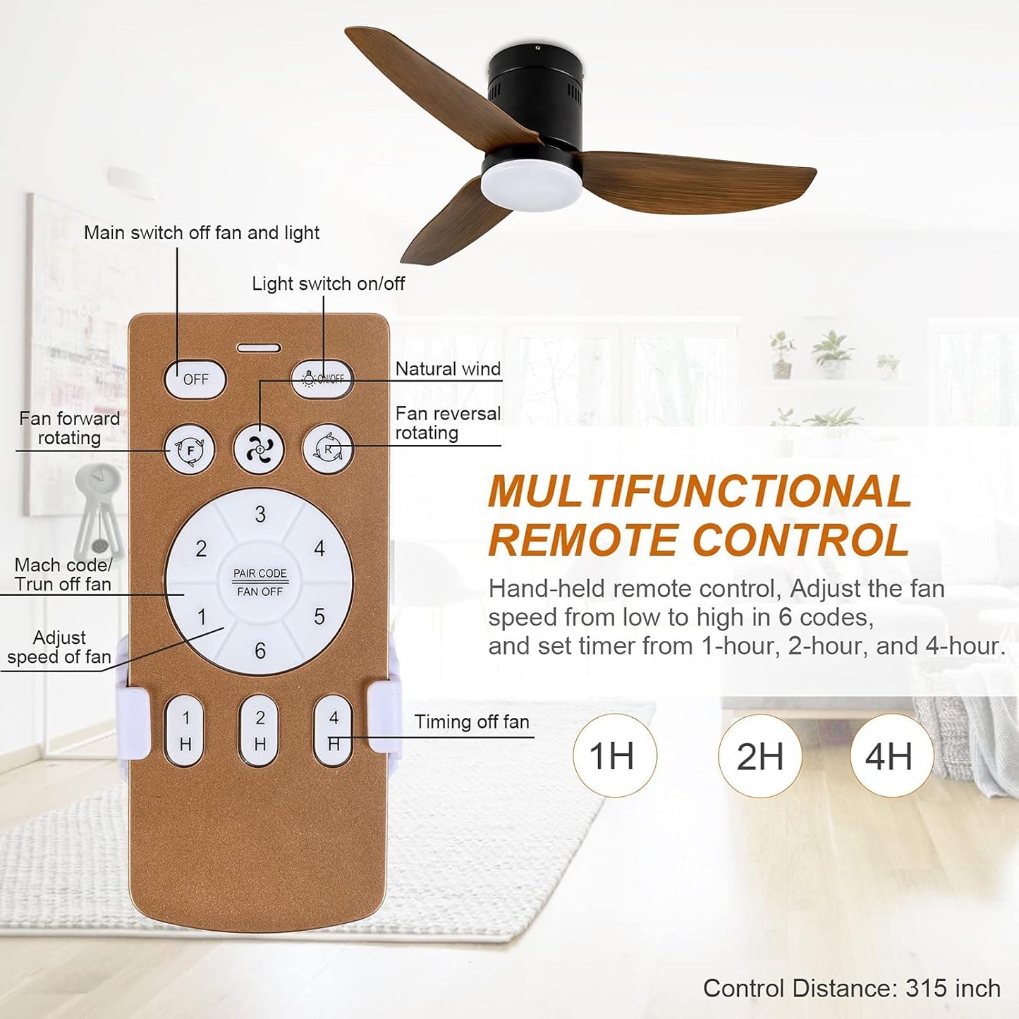 40-inch Ceiling Fan with LED Light and Remote Control, 6-Speed Modes, 2 Rotating Modes, Timer