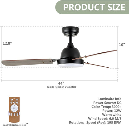 44-inch Ceiling Fan with LED Light and Remote Control, 6-Speed Modes, 2 Rotating Modes, Timer