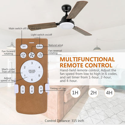 44-inch Ceiling Fan with LED Light and Remote Control, 6-Speed Modes, 2 Rotating Modes, Timer