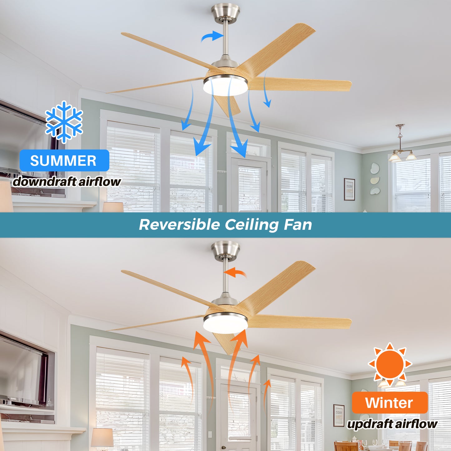 52 Inch Modern Ceiling Fan with Dimmable LED Light and Remote Control 5 ABS Blades 3 Color Tempearture