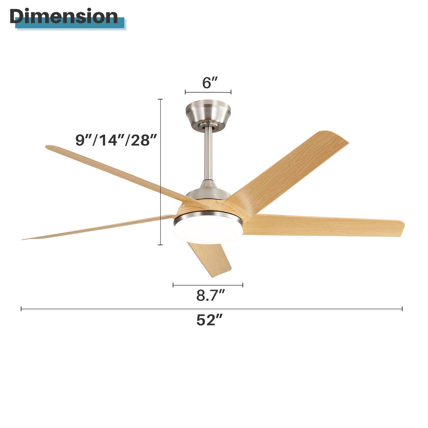 52 Inch Modern Ceiling Fan with Dimmable LED Light and Remote Control 5 ABS Blades 3 Color Tempearture