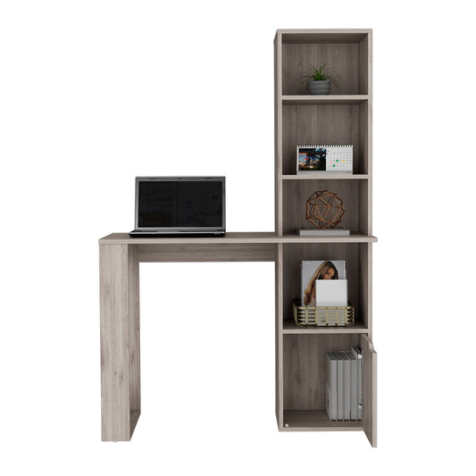 Computer Desk with Single Door Cabinet and 4-Tier Shelf Bicknell, Light Gray Finish