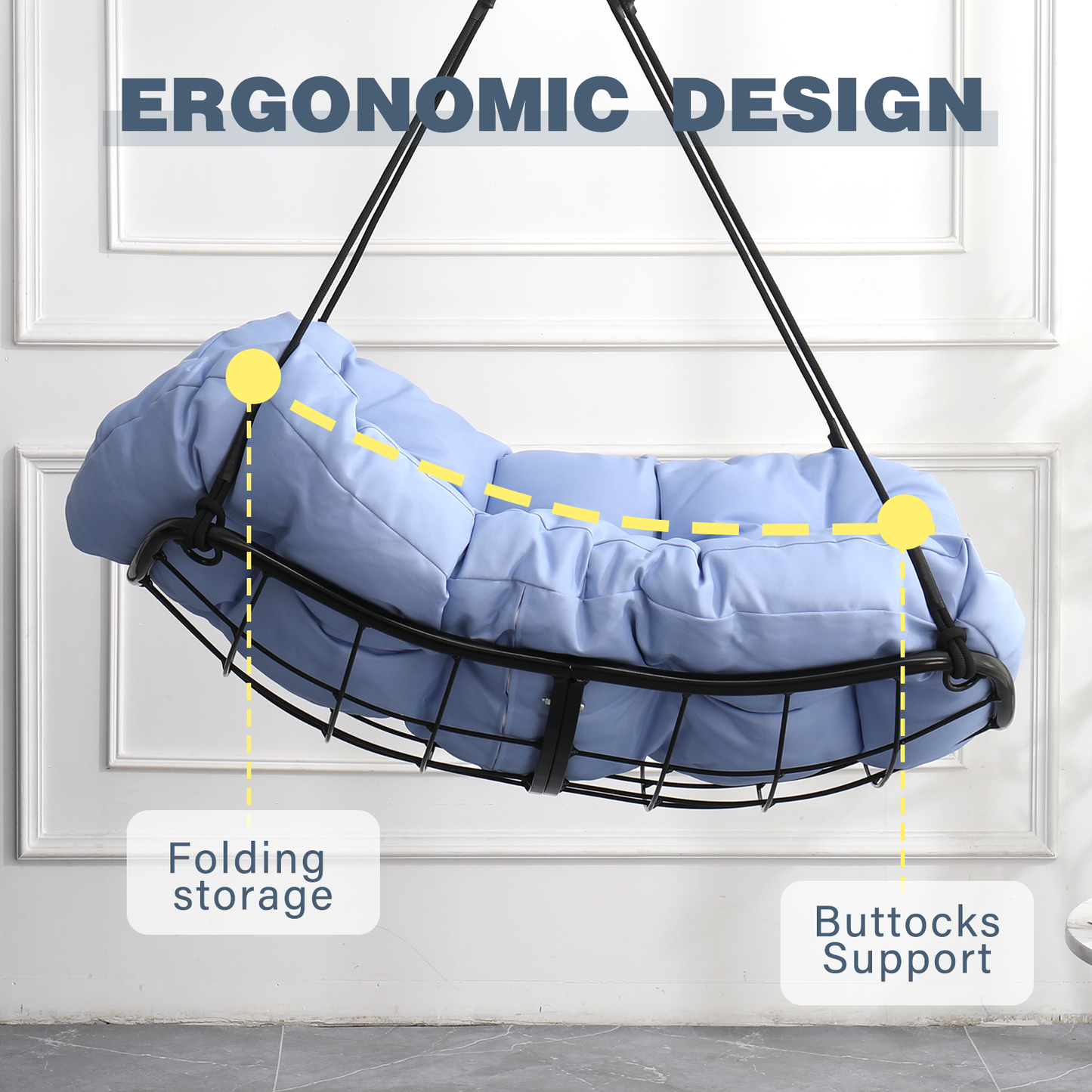 Hammock Chair Swing with Cushion - Outdoor Indoor Hanging Hammock Chair for Patio, Porch, Bedroom, Garden, Courtyard, Balcony - Sturdy Steel Bar with Anti-Slip Safety Rings, BLUE