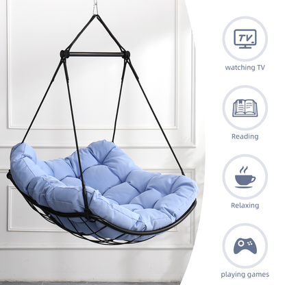 Hammock Chair Swing with Cushion - Outdoor Indoor Hanging Hammock Chair for Patio, Porch, Bedroom, Garden, Courtyard, Balcony - Sturdy Steel Bar with Anti-Slip Safety Rings, BLUE