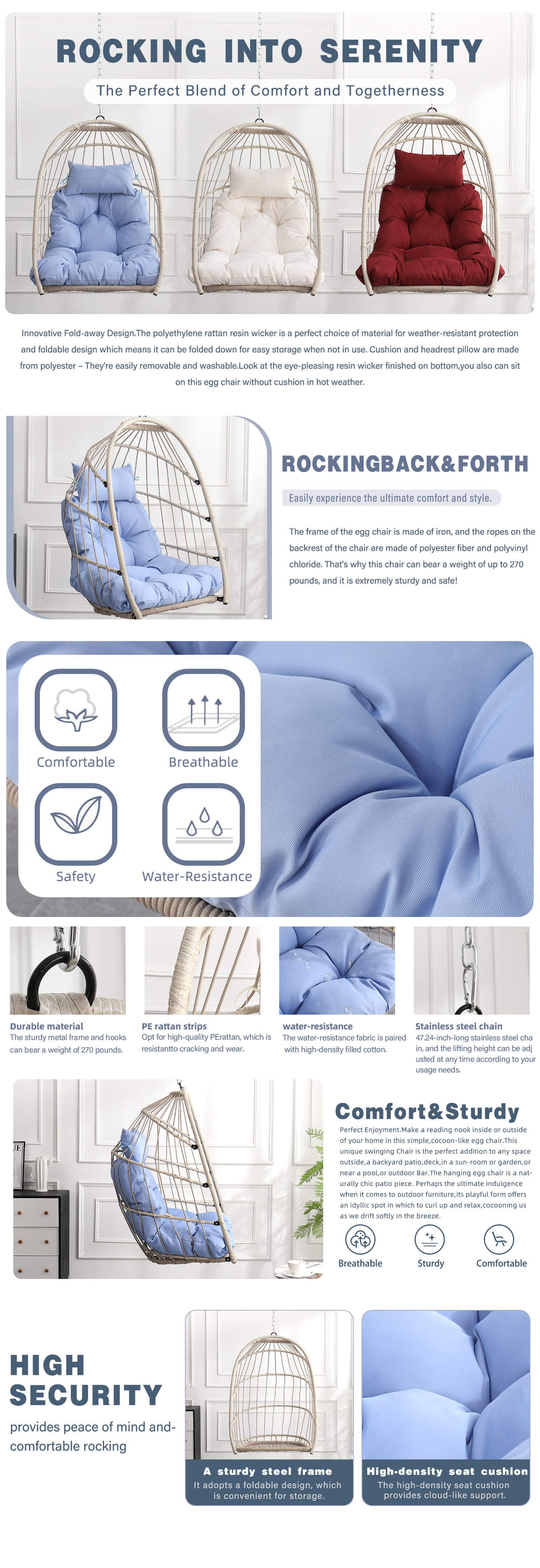 Outdoor garden rattan egg swing chair hanging chair PE hanging chair blue