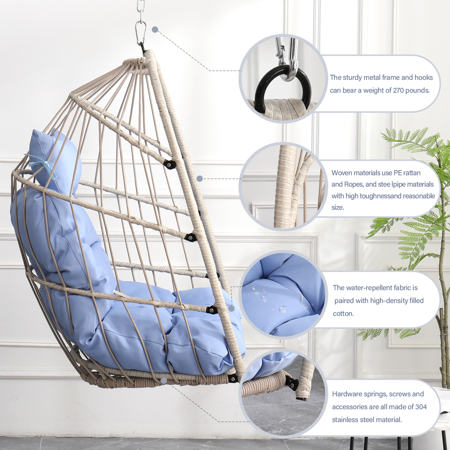Outdoor garden rattan egg swing chair hanging chair PE hanging chair blue