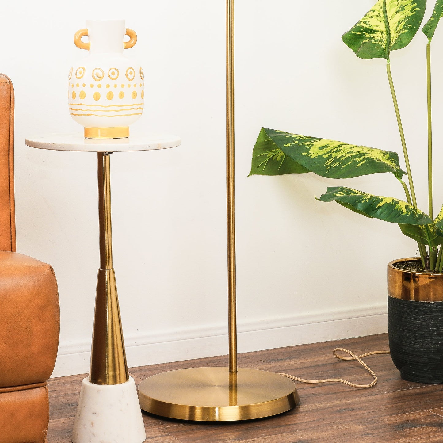 Zenith Offset Brass Base Floor Lamp with Drum-shaped Linen Shade