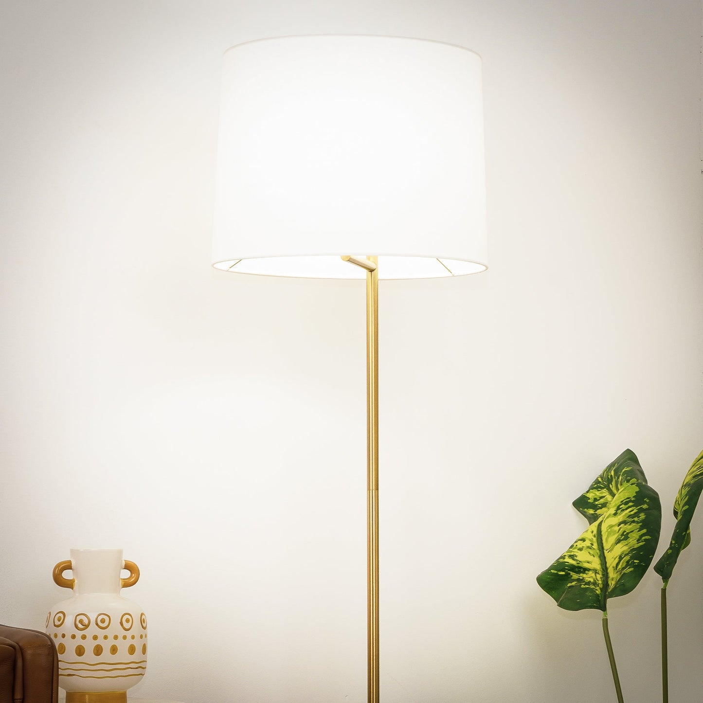 Zenith Offset Brass Base Floor Lamp with Drum-shaped Linen Shade