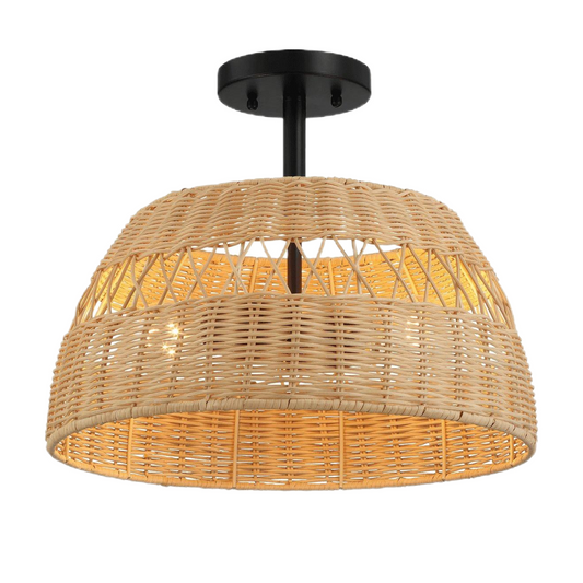 Twinkle Double Lights Semi Flush with Rattan Shade Black Metal Finish for Farmhouse Style Decor 12.6"H x 15"W x 15"D