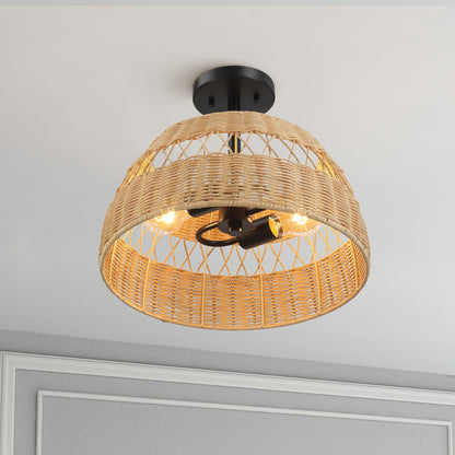 Twinkle Double Lights Semi Flush with Rattan Shade Black Metal Finish for Farmhouse Style Decor 12.6"H x 15"W x 15"D
