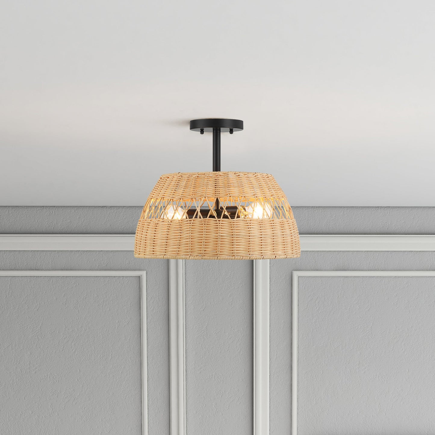 Twinkle Double Lights Semi Flush with Rattan Shade Black Metal Finish for Farmhouse Style Decor 12.6"H x 15"W x 15"D