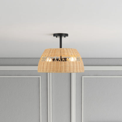 Twinkle Double Lights Semi Flush with Rattan Shade Black Metal Finish for Farmhouse Style Decor 12.6"H x 15"W x 15"D