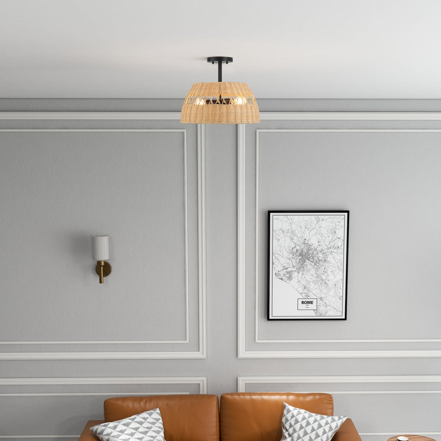 Twinkle Double Lights Semi Flush with Rattan Shade Black Metal Finish for Farmhouse Style Decor 12.6"H x 15"W x 15"D